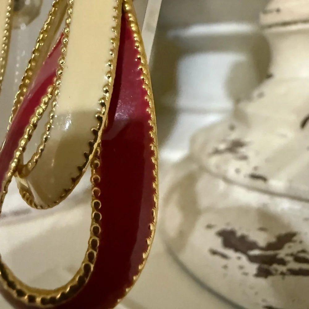 Vintage Red and Cream Teardrop Enamel Earrings